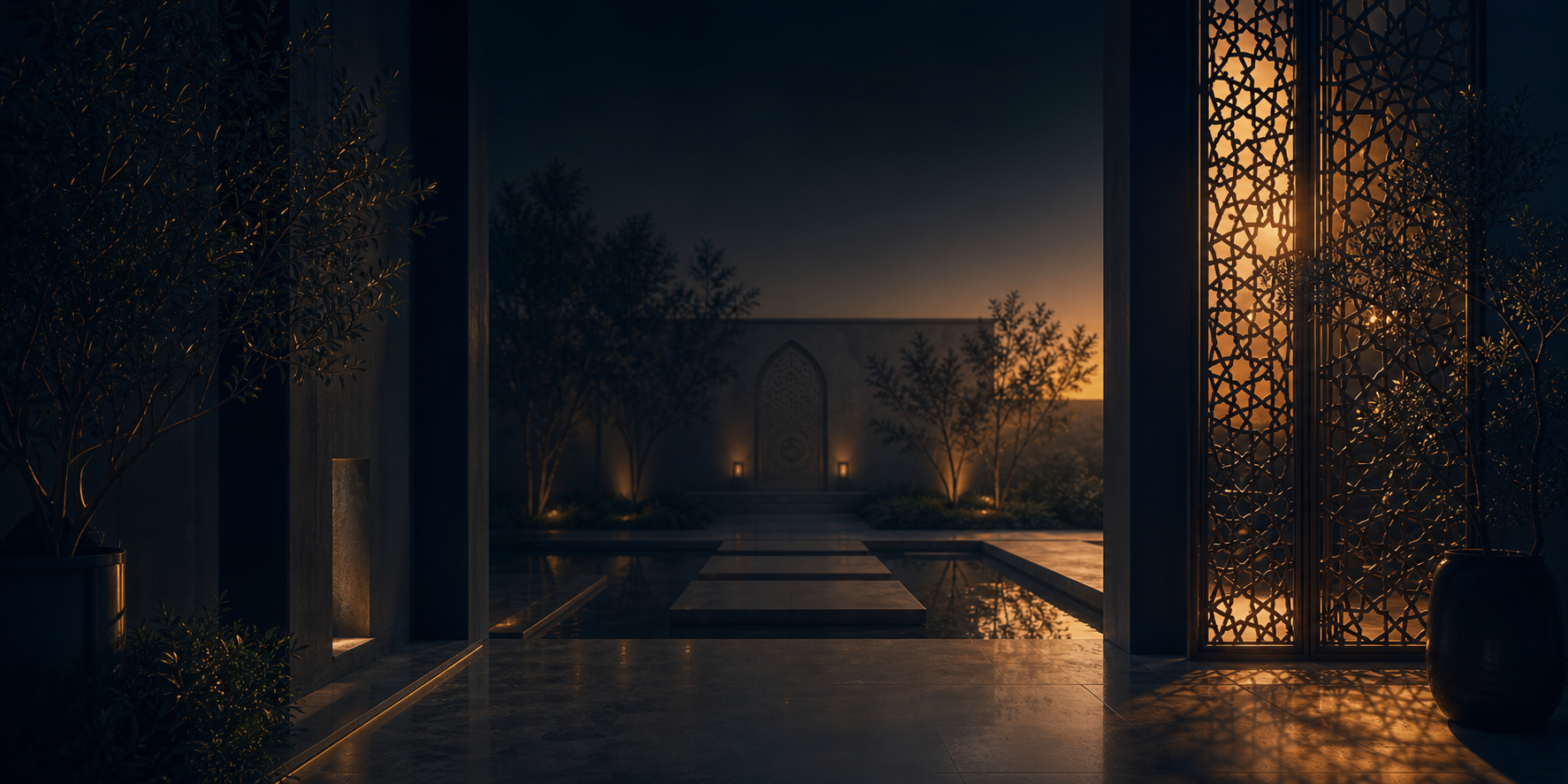 Islamic geometric retreat background with a reflective path into warm light