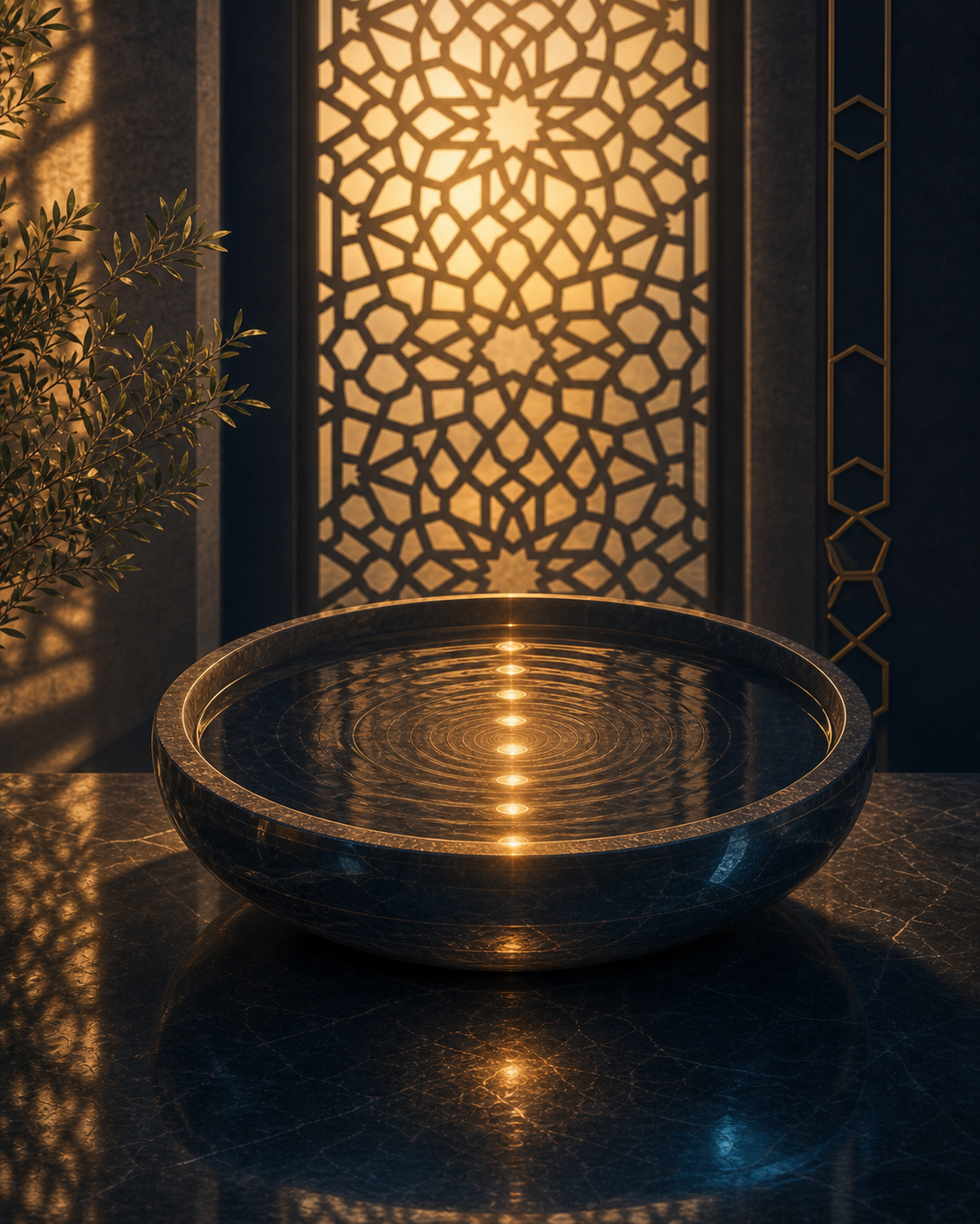 Reflective vessel beneath Islamic geometric light with seven points symbolizing inner transformation