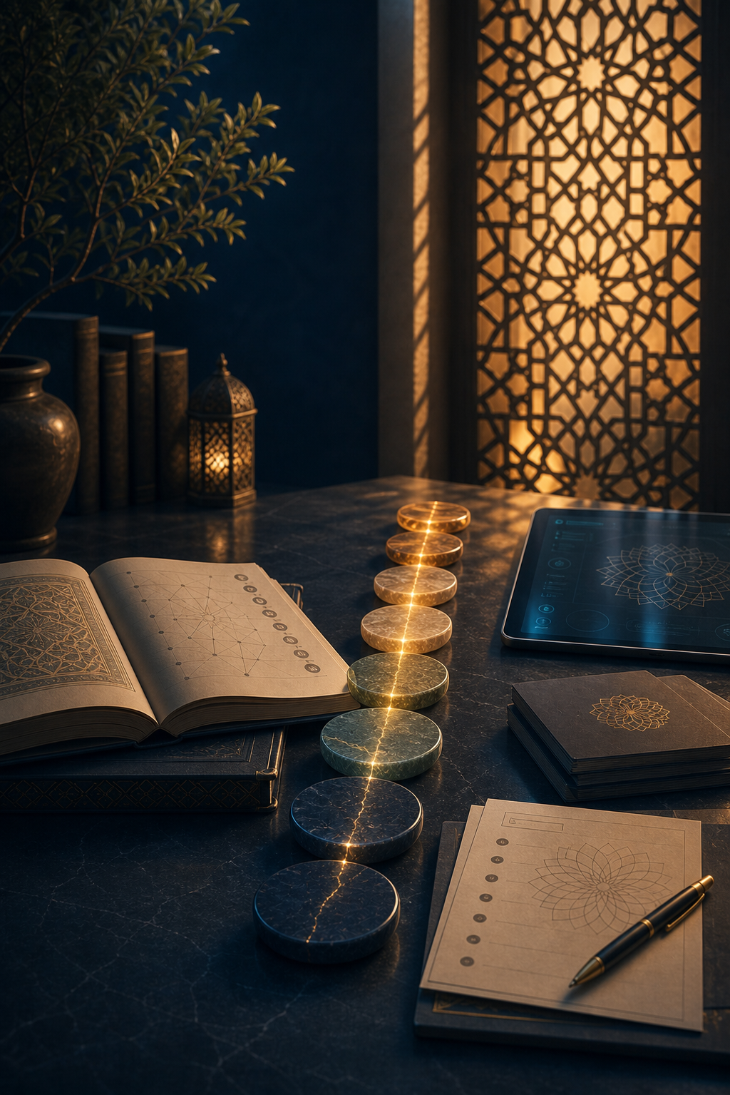 Islamic geometric learning scene with book, workshop materials, and seven-step journey markers