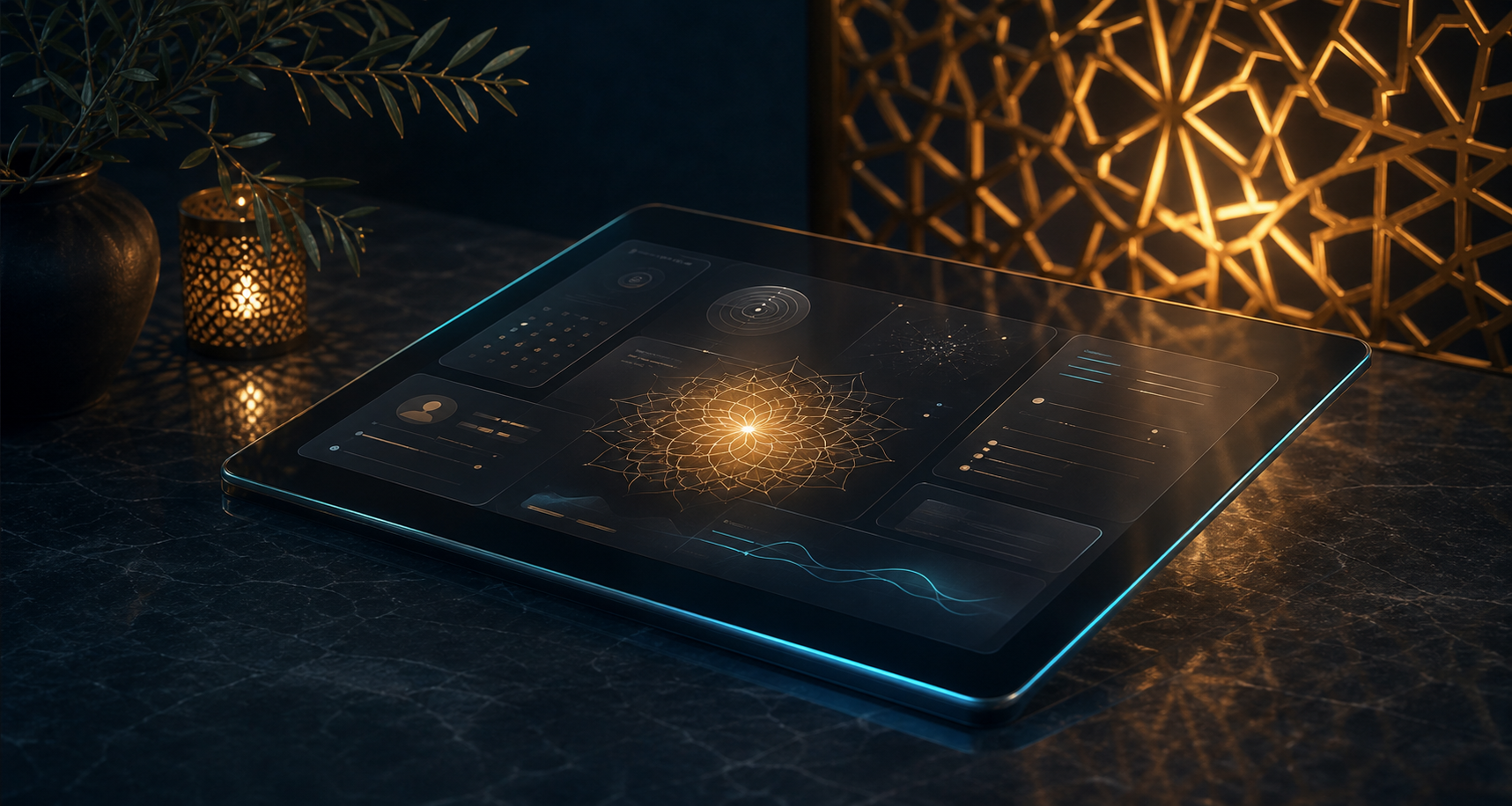 Premium digital wellness interface with Islamic geometric light motif